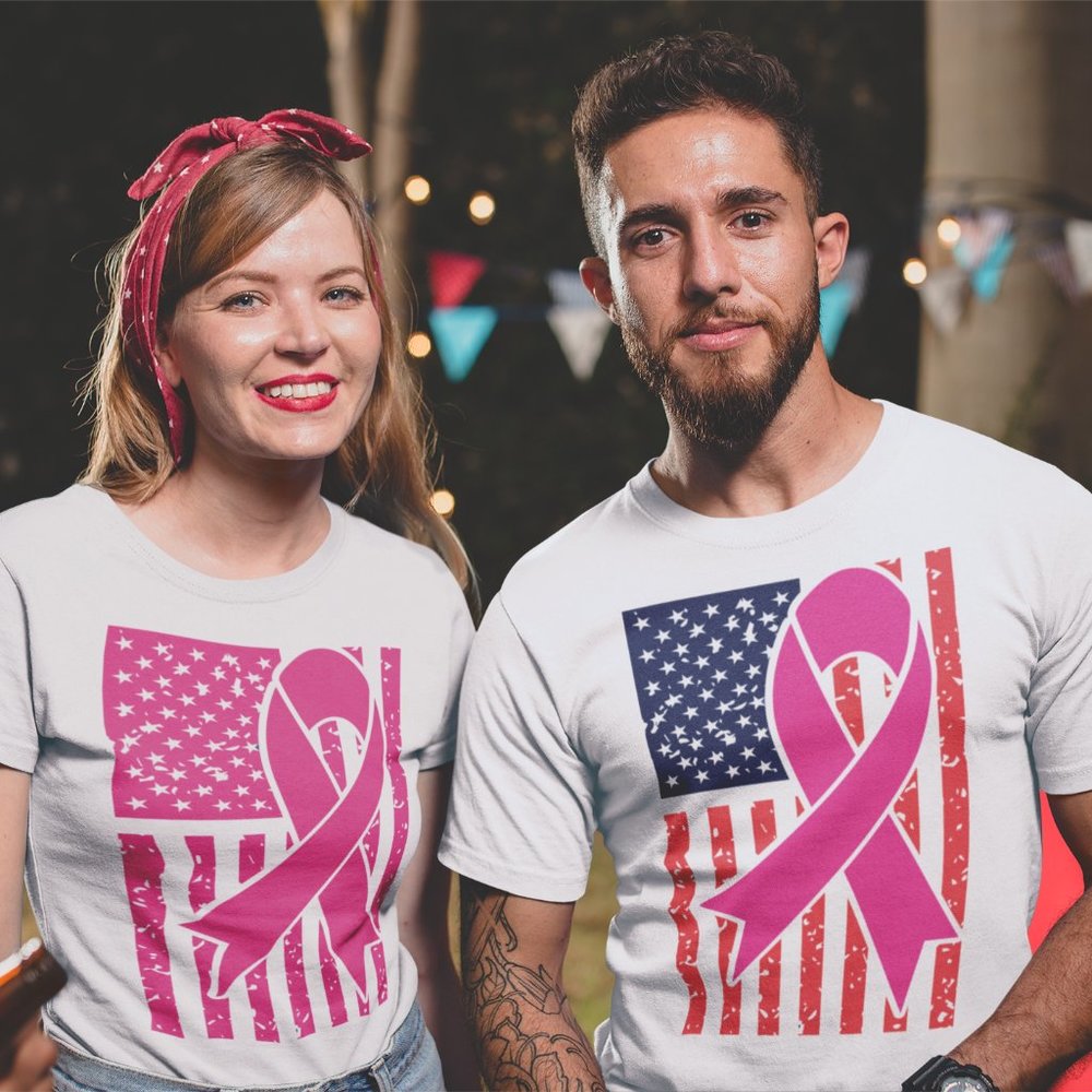 2X | USA Flag w/Pink Cancer Ribbon | Vintage White or White T-Shirt | Plus Size